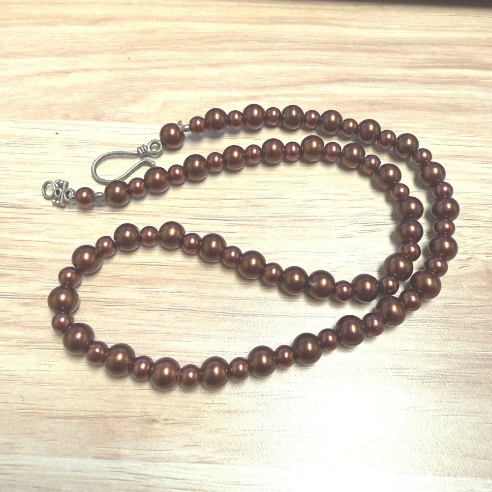 Bronze Faux Pearl Graduated Bead Strand Necklace Silver‎ Tone Hook Clasp 20 Inch